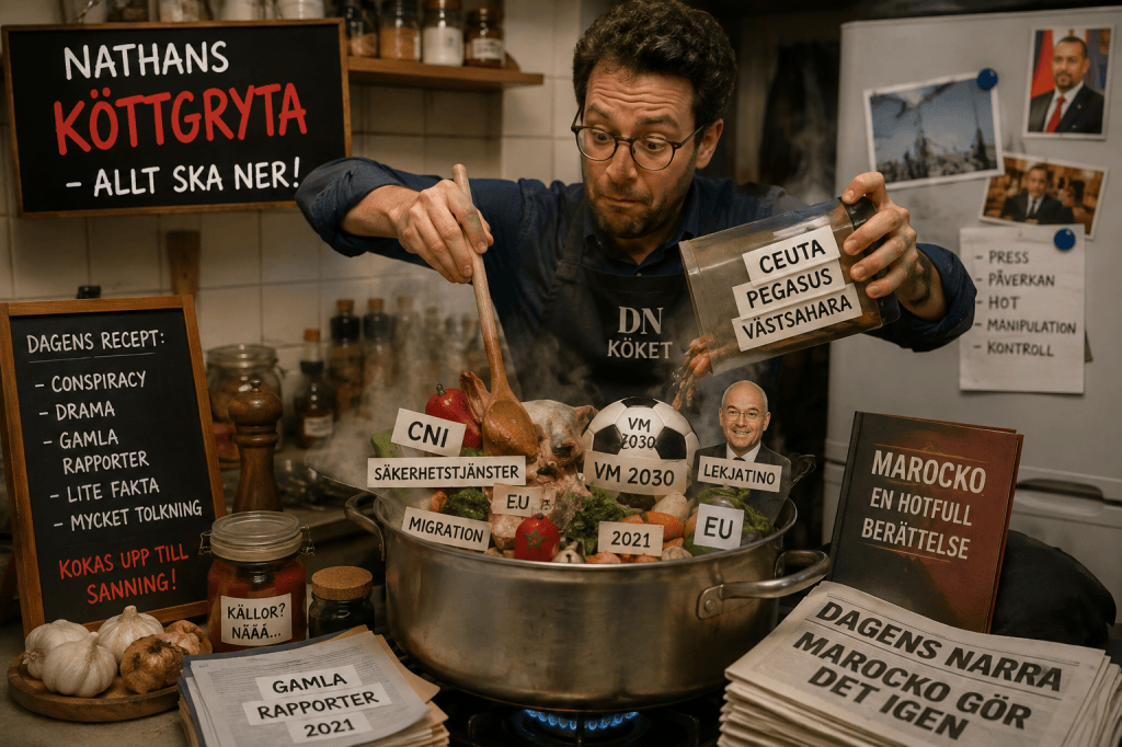 Karikatyr som illustrerar mediekritiken om Marocko-rapportering