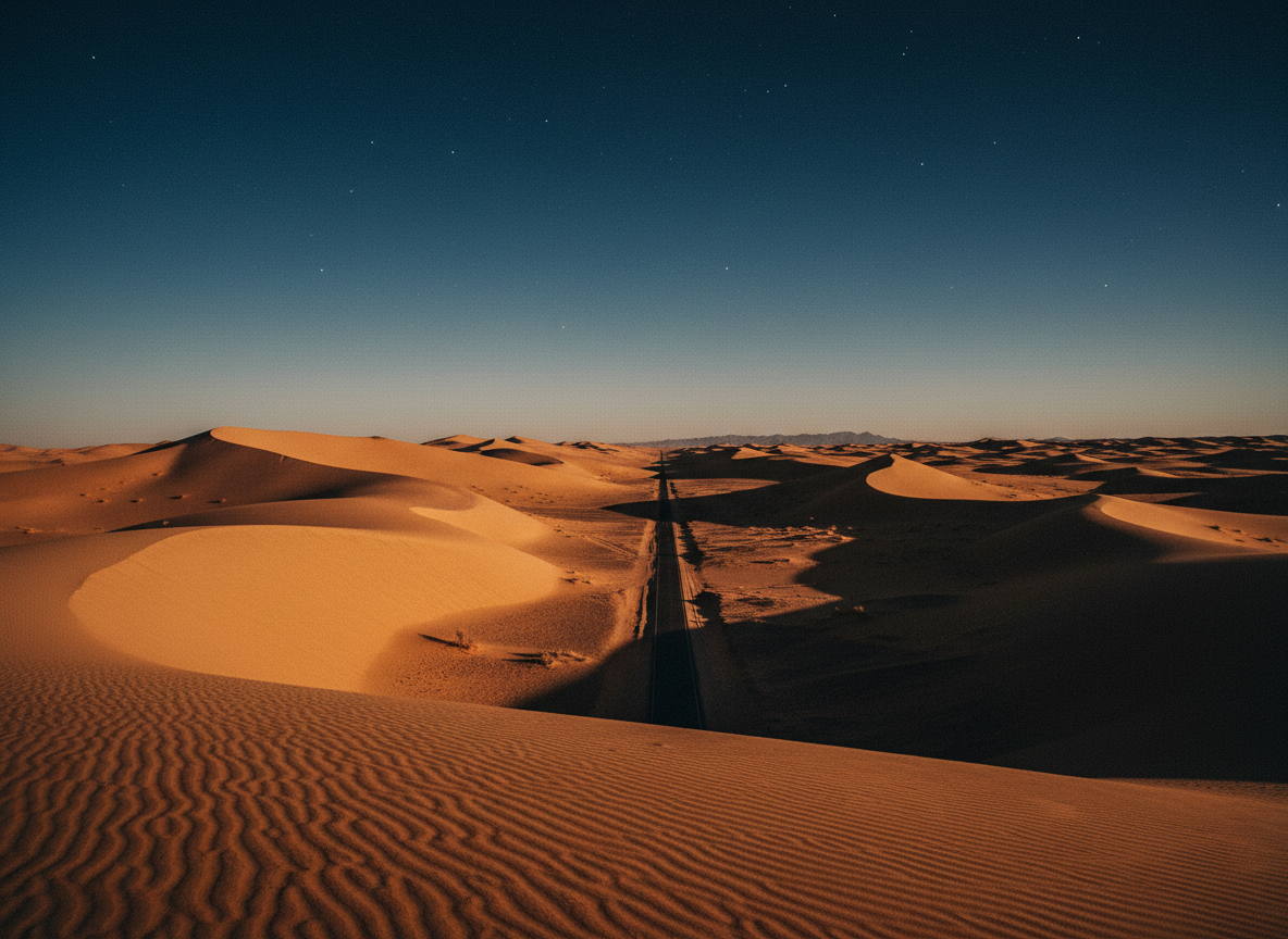 Dramatic wide-angle photograph of the Western Sahara desert at dusk, vast golden sand dunes under a deep dark sky, a lone road cutting through the landscape