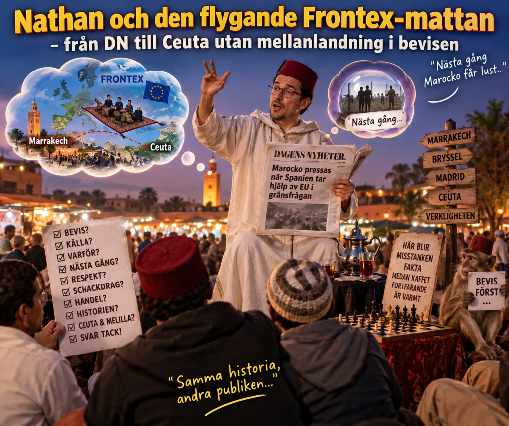 Satirisk illustration till Sahara Fact Lens om Nathan Shachars DN-kommentar, Frontex, Marocko och Ceuta, med humoristiska frågor om bevis, källor och politiska slutsatser.